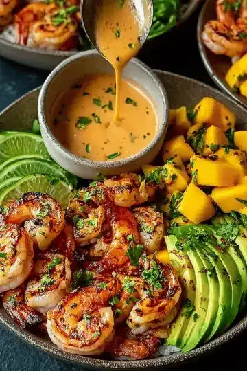 Shrimp and Avocado Bowls with Mango Salsa & Lime-chili Sauce