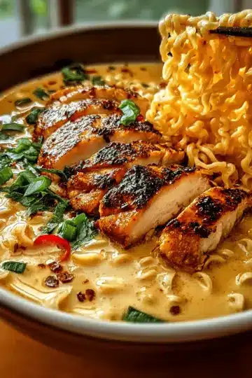 Fiery Chicken Ramen with Creamy Garlic Sauce