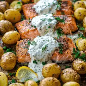 Salmon with Dill Sauce and Roasted Baby Potatoes Sheet Pan Dinner