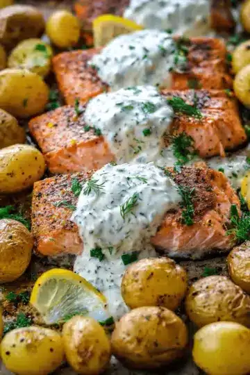 Salmon with Dill Sauce and Roasted Baby Potatoes Sheet Pan Dinner