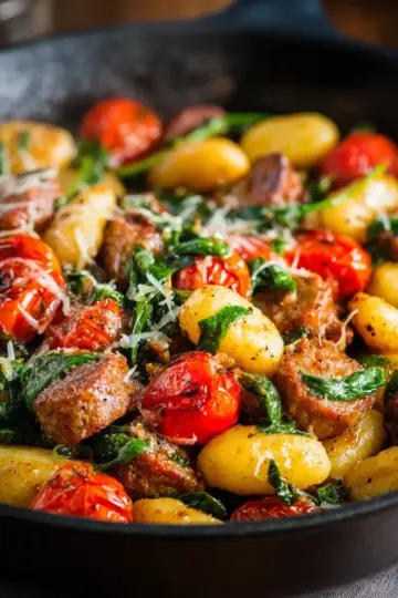 Italian Sausage Gnocchi Skillet with Spinach and Cherry Tomatoes
