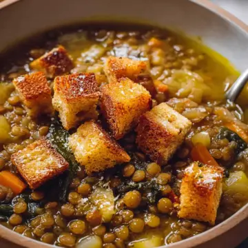 Lentil Potato Soup with Homemade Croutons