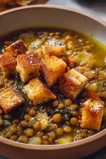 Lentil Potato Soup with Homemade Croutons