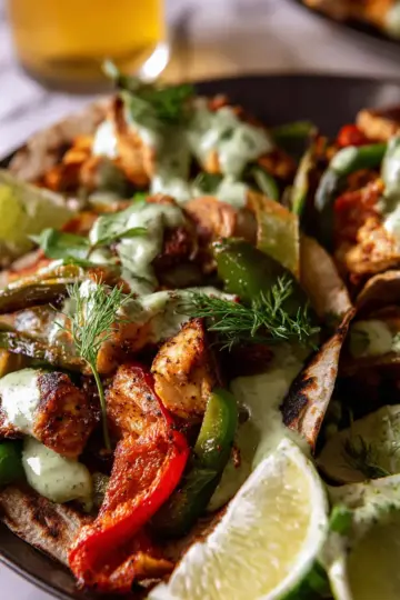 Skillet Chicken Fajitas with Creamy Jalapeño Verde Sauce.