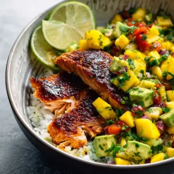 BBQ Salmon Bowls with Mango Avocado Salsa