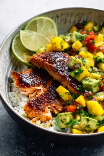 BBQ Salmon Bowls with Mango Avocado Salsa