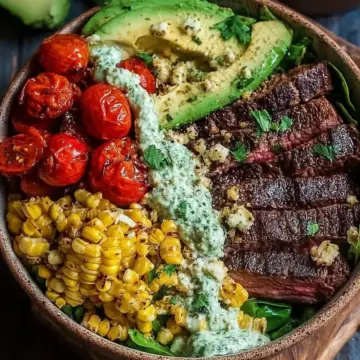 Steak and Avocado Bowl with Roasted Corn and Cilantro Cream