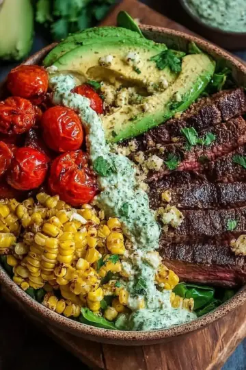 Steak and Avocado Bowl with Roasted Corn and Cilantro Cream