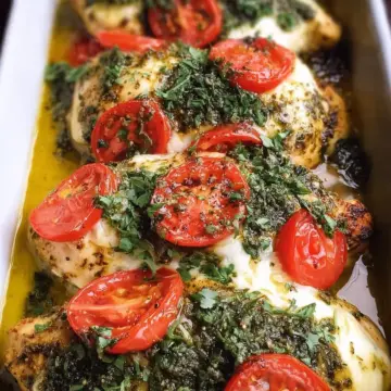 Basil Pesto Tomato Mozzarella Chicken Bake