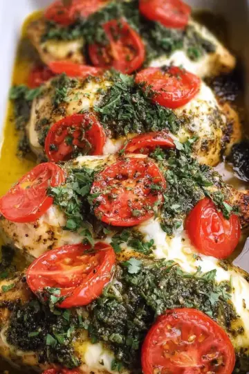 Basil Pesto Tomato Mozzarella Chicken Bake