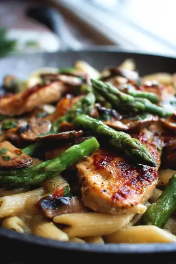 Garlic Chicken Mushroom and Asparagus Penne