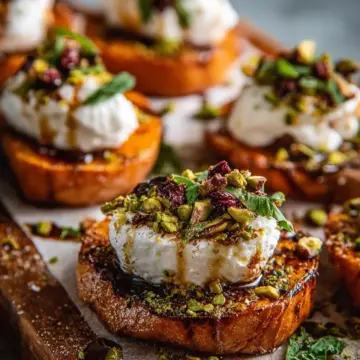 Roasted Sweet Potato Rounds with Burrata and Pistachios