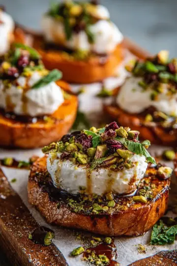 Roasted Sweet Potato Rounds with Burrata and Pistachios