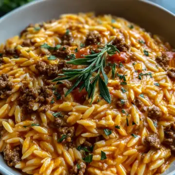 Ground Beef Orzo with Tomato Cream Sauce