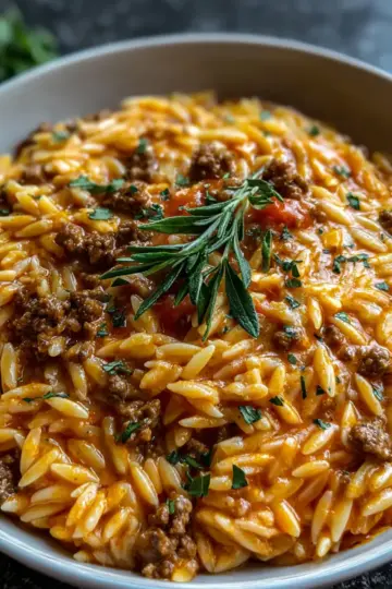 Ground Beef Orzo with Tomato Cream Sauce