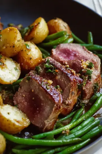 Seared Lamb with Mustard Potatoes and Green Beans