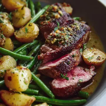 Seared Lamb with Mustard Potatoes and Green Beans