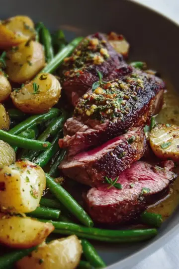 Seared Lamb with Mustard Potatoes and Green Beans