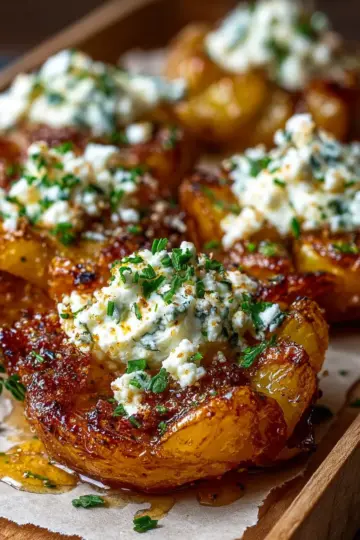 Crispy Smashed Potatoes with Whipped Feta and Hot Honey